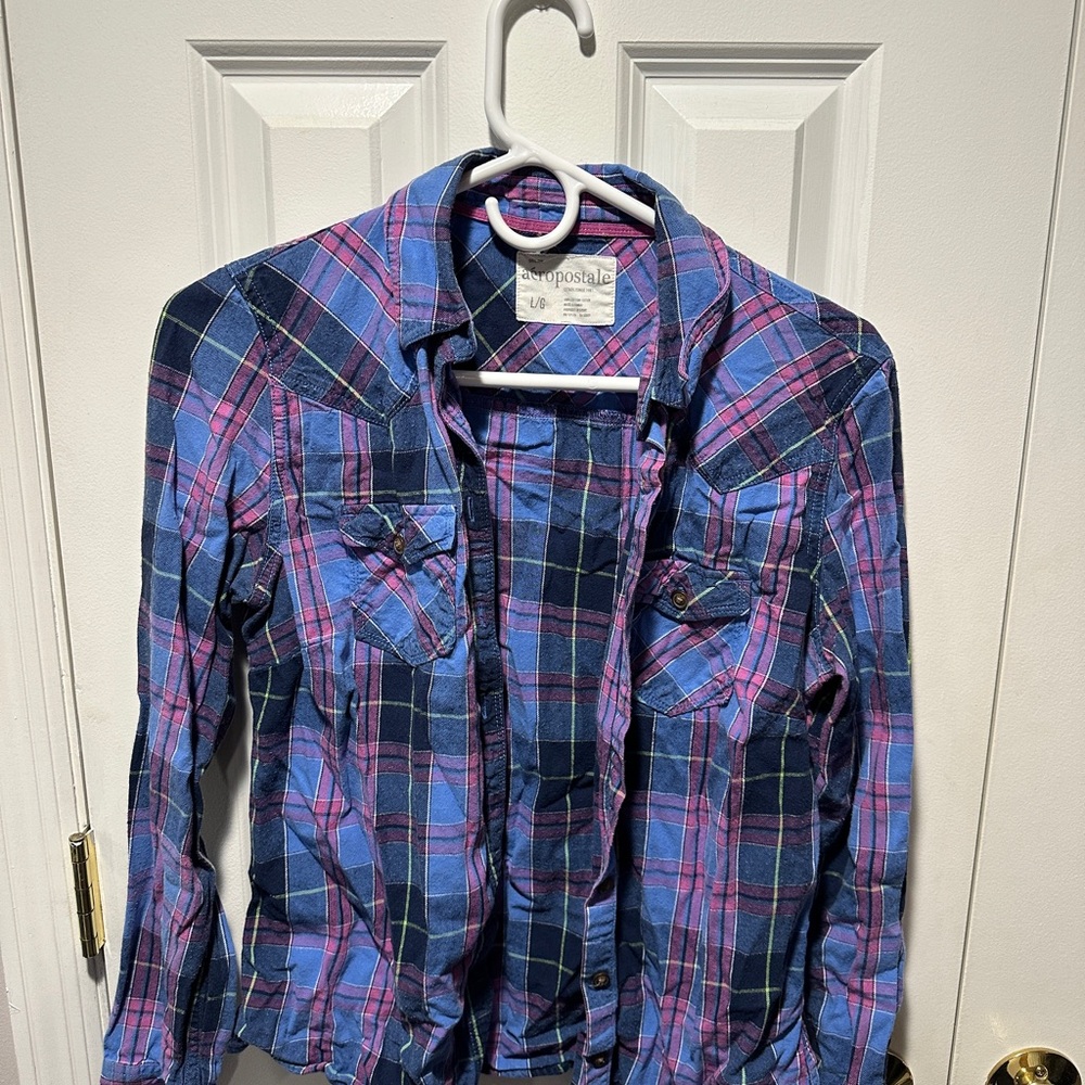 Aeropostale Blue and Pink Plaid Shirt - Junior’s Large